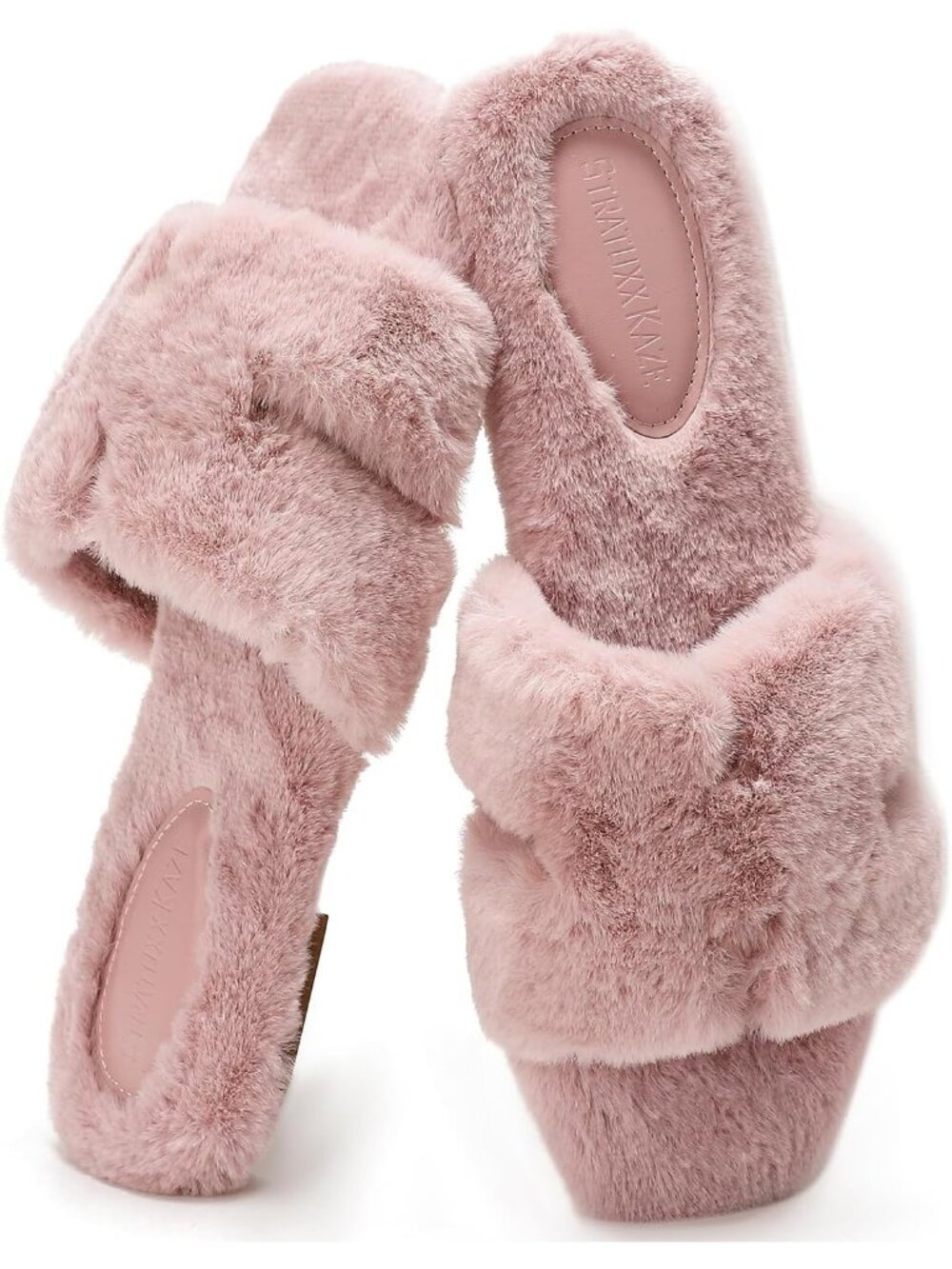 Women's Pink Cute Comfy Slides Faux Fur Open Toe Slip On Fuzzy Indoor Slippers